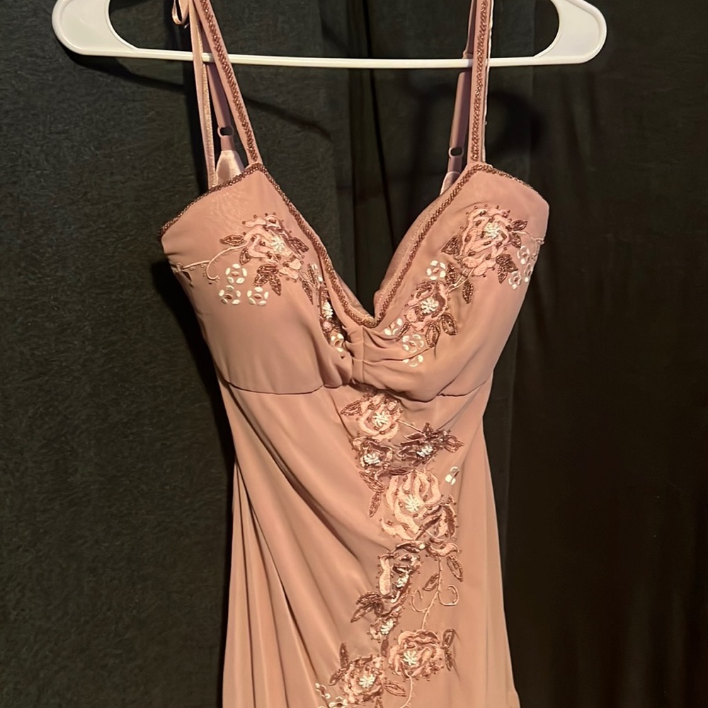 R & M Richards sheer neutral pink dress